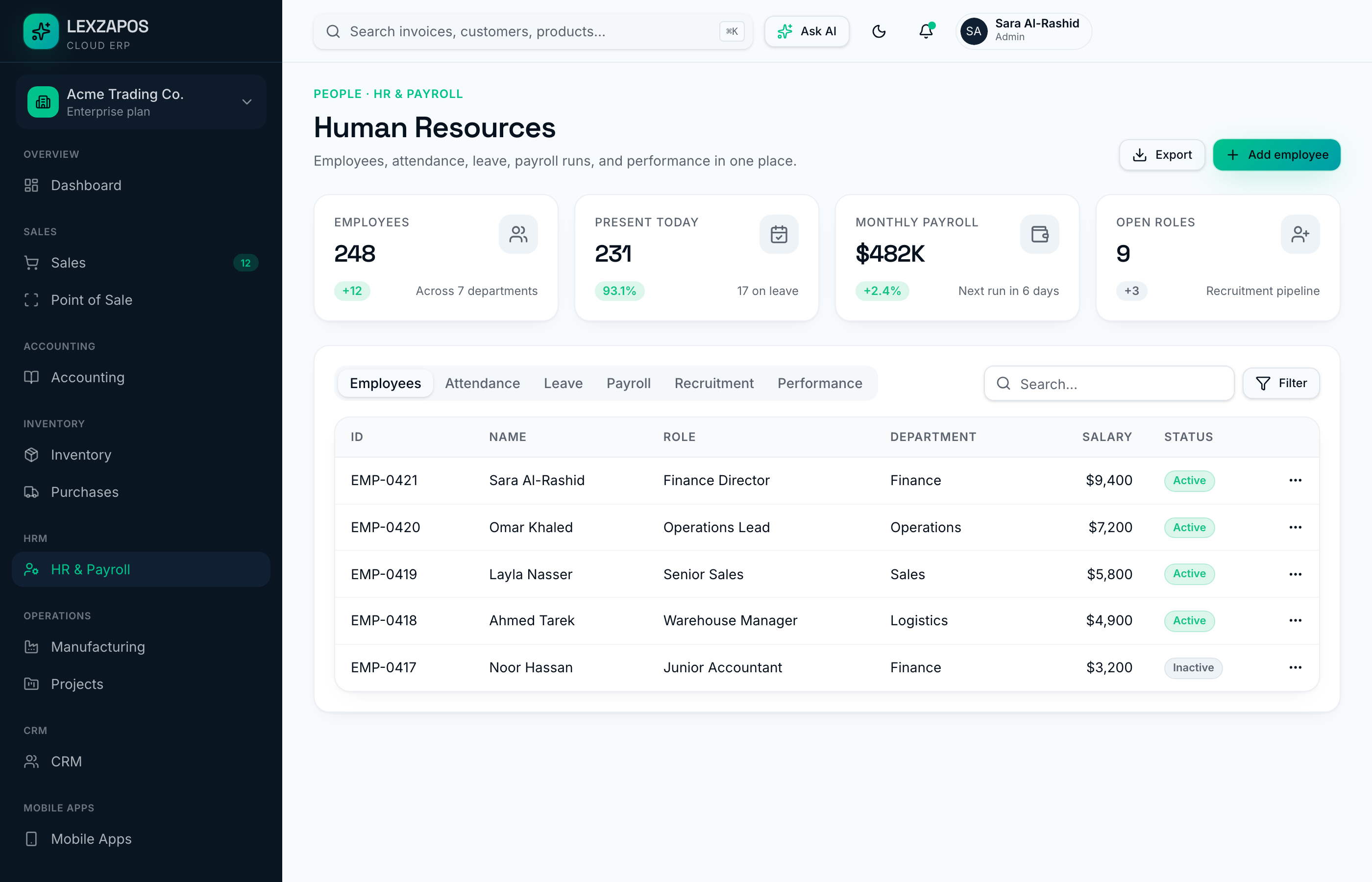 LEXZAPOS HR screen showing employee records and payroll